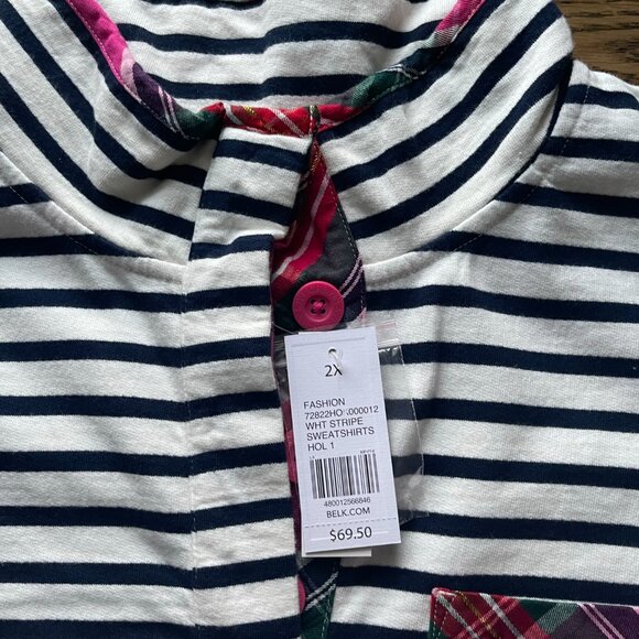 Crown & Ivy 2X Striped Funnel-Neck Pullover w/ Plaid Trim – Holiday Cozy - Picture 3 of 6